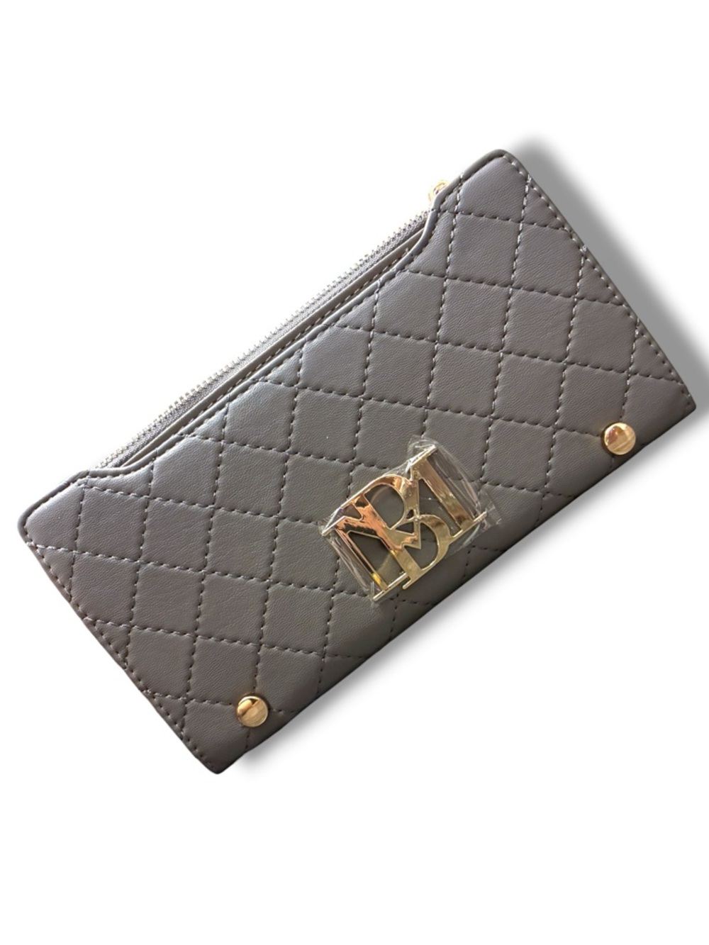 ✨ NWT Badgley Mischka Grey Quilted Vegan Leather Wallet long cards Logo Clutch